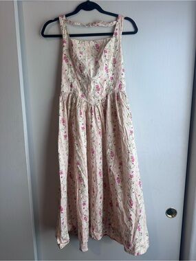 Cream Floral Midi Dress with Pink Accents